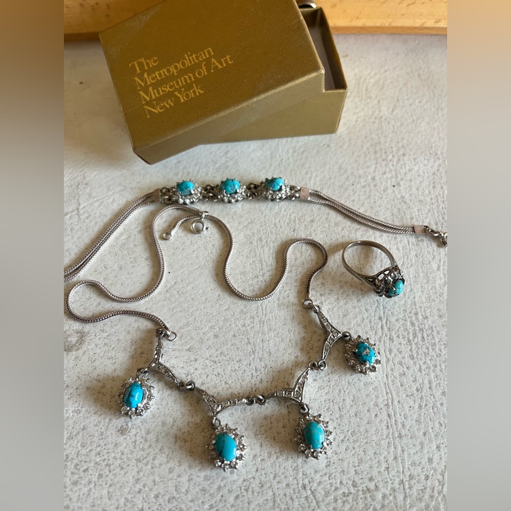 Turquoise set. Necklace bracelet and ring. Natural turquoise in silver setting.